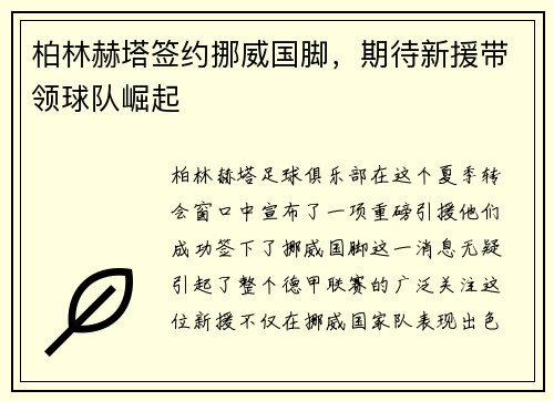 柏林赫塔签约挪威国脚，期待新援带领球队崛起