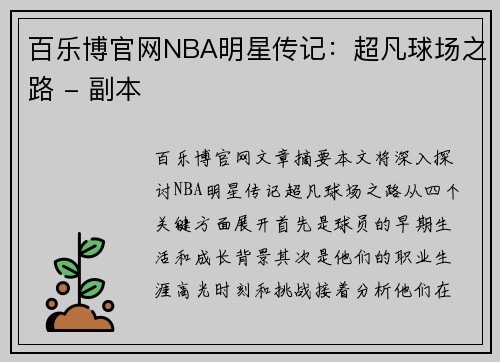 百乐博官网NBA明星传记：超凡球场之路 - 副本